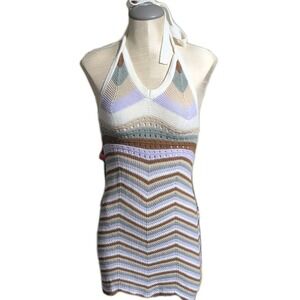 Pink Rose Crochet Knit Dress Striped Adjustable Halter Top S Y2K 90s Retro